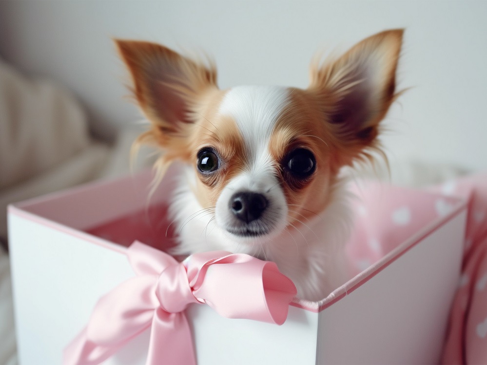 Small dog inside pink gift box.